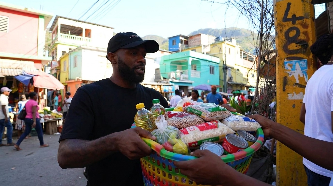 Homem de boné entregando um cesto colorido cheio de alimentos na favela
