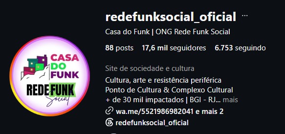 Print do perfil do Instagram redefunksocial_oficial da Casa do Funk / Rede Funk Social