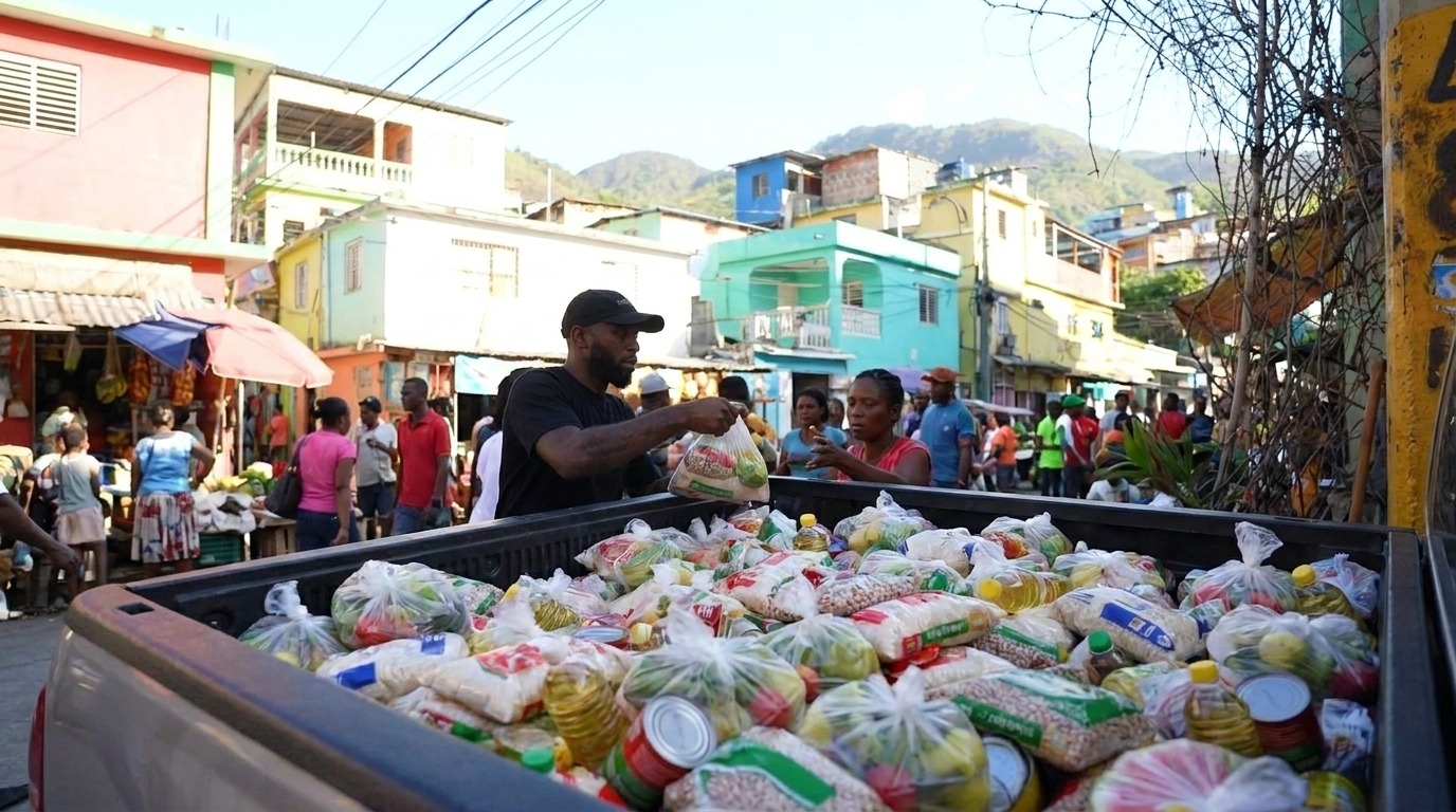 Caçamba de caminhonete cheia de sacolas de alimentos, com homem entregando sacolas